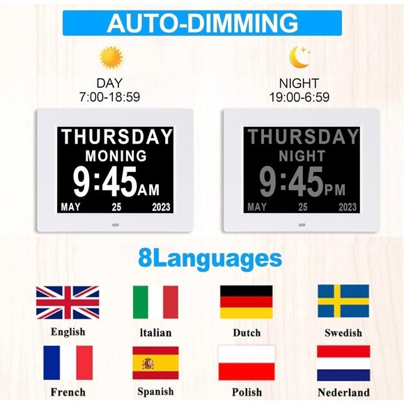 Dementia Clock Digital Clock w/ Dimmer 8 Inch White Wall Mountable Stand Plug In - Picture 6 of 9